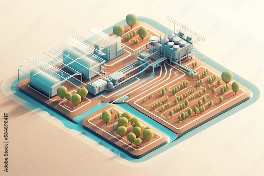 Poster a diagram of a factory with trees and other things in it wastewater treatment plant animation motion