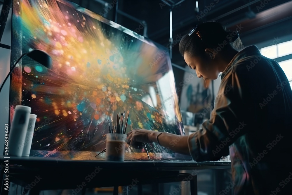 Poster a person is painting on a large screen with a brush and a cup workshop color field painting motion g
