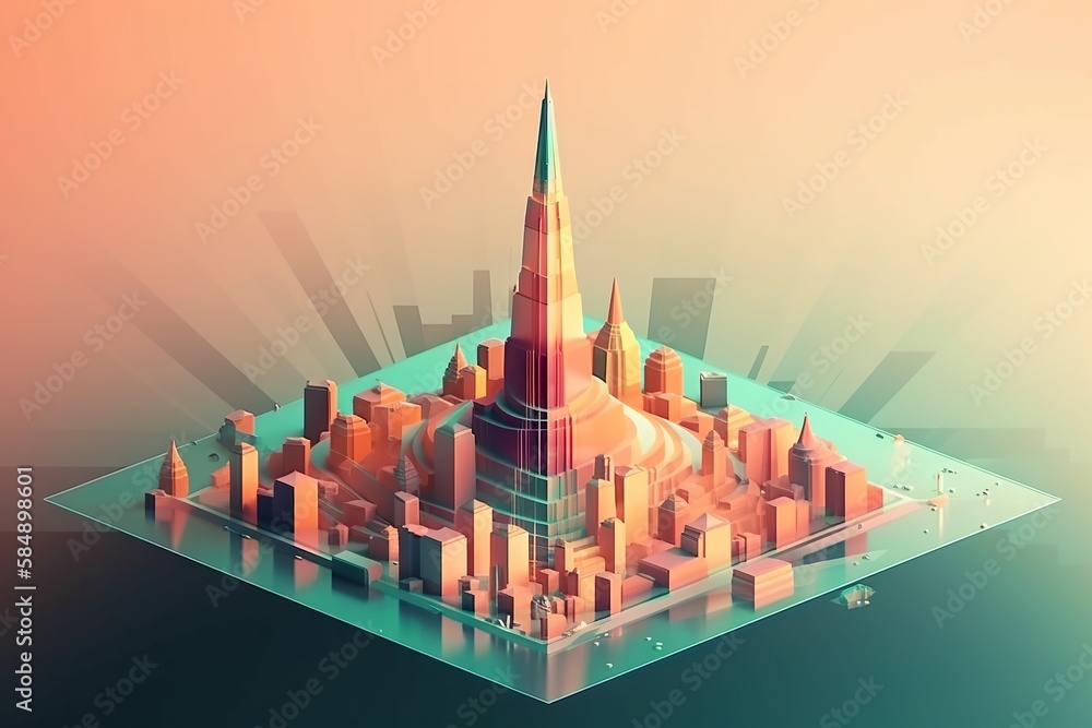 Poster a very tall building with a spire on top of it in a city city skyline animation motion graphics gene