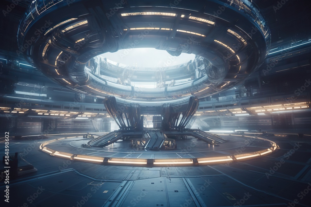 Poster a futuristic looking building with a circular light in the center of it industrial port animation in