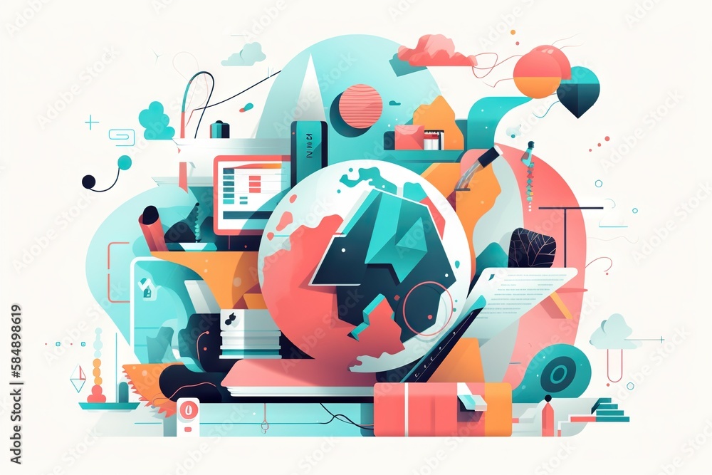 Poster a graphic of a globe surrounded by various objects and shapes including a computer workshop graphic 