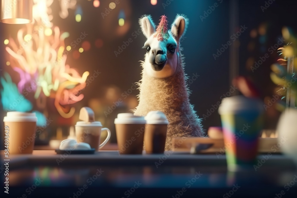 Poster a llama sitting at a table with cups of coffee and a cake nightclub animation animation filmmaking g