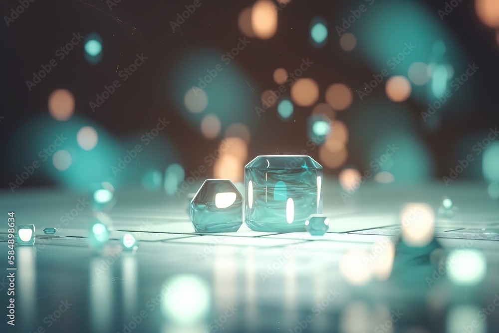 Poster a glass block sitting on top of a table next to a light tundra animation motion graphics generative 