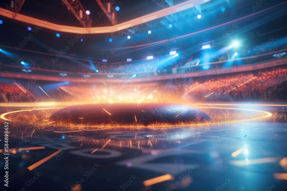 Poster a large object is in the middle of a stage with bright lights stadium advertising photography motion