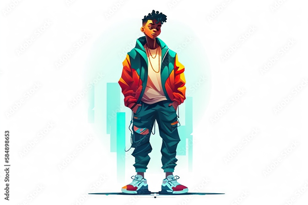 Poster a man standing in front of a city skyline wearing a colorful jacket arcade animation costume design 