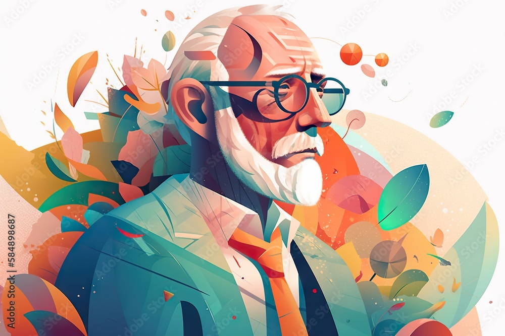 Poster a man with glasses and a beard in a colorful background with leaves zoo fauvism print design generat