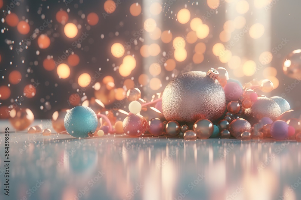 Poster a bunch of balls and ornaments on a table with lights in the background ice rink animation motion gr