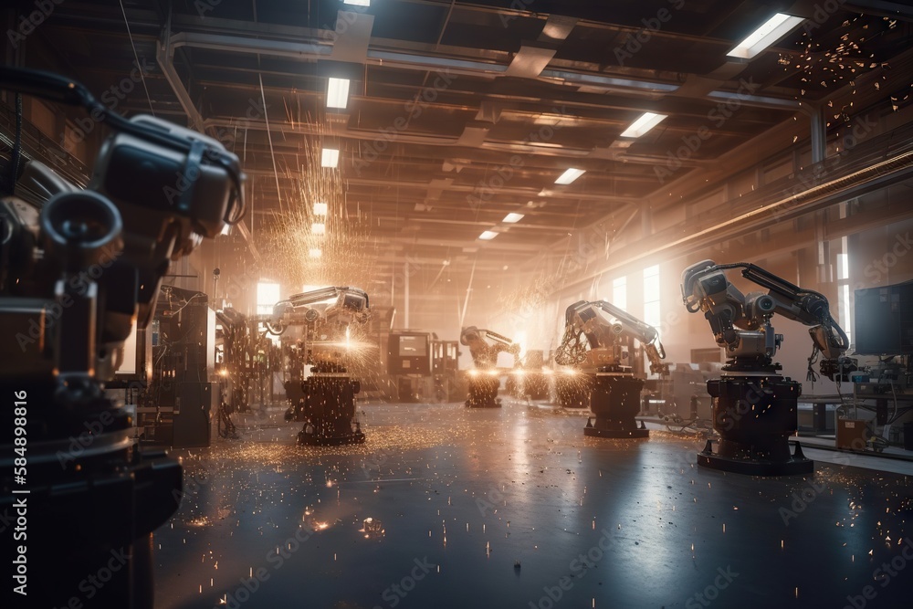 Poster a factory with robots working on machinery in the background and lights on the ceiling factory anima