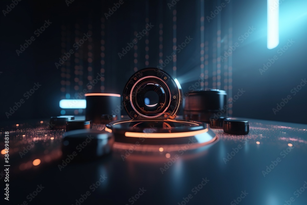 Poster a camera lens sitting on top of a table next to other objects recording studio panoramic photography
