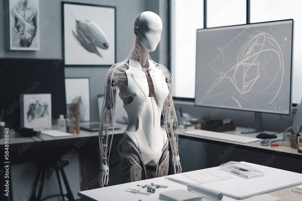 Poster a mannequin is standing in front of a computer screen workshop animation robotics engineering