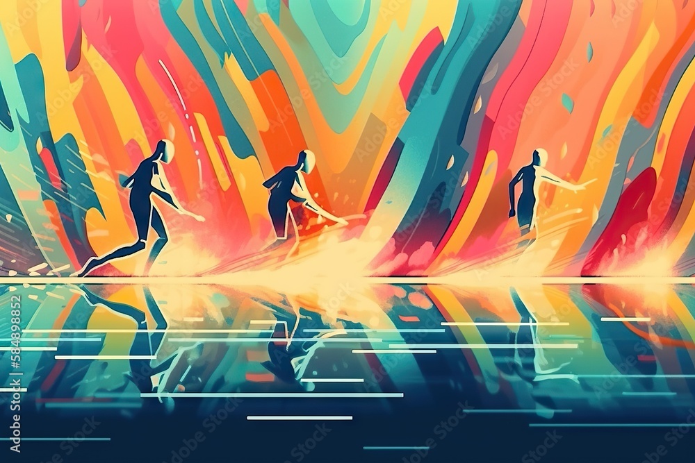 Poster three people are running in a colorful painting style with a reflection of water tennis court animat