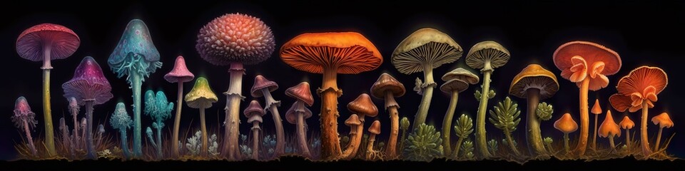 Panoramic banner, various mushroom species, every size and color in a row, vivid colors, AI generative panorama illustration on black background