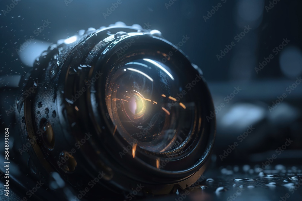 Poster a camera lens sitting on top of a laptop computer keyboard in the dark junkyard photorealism motion 