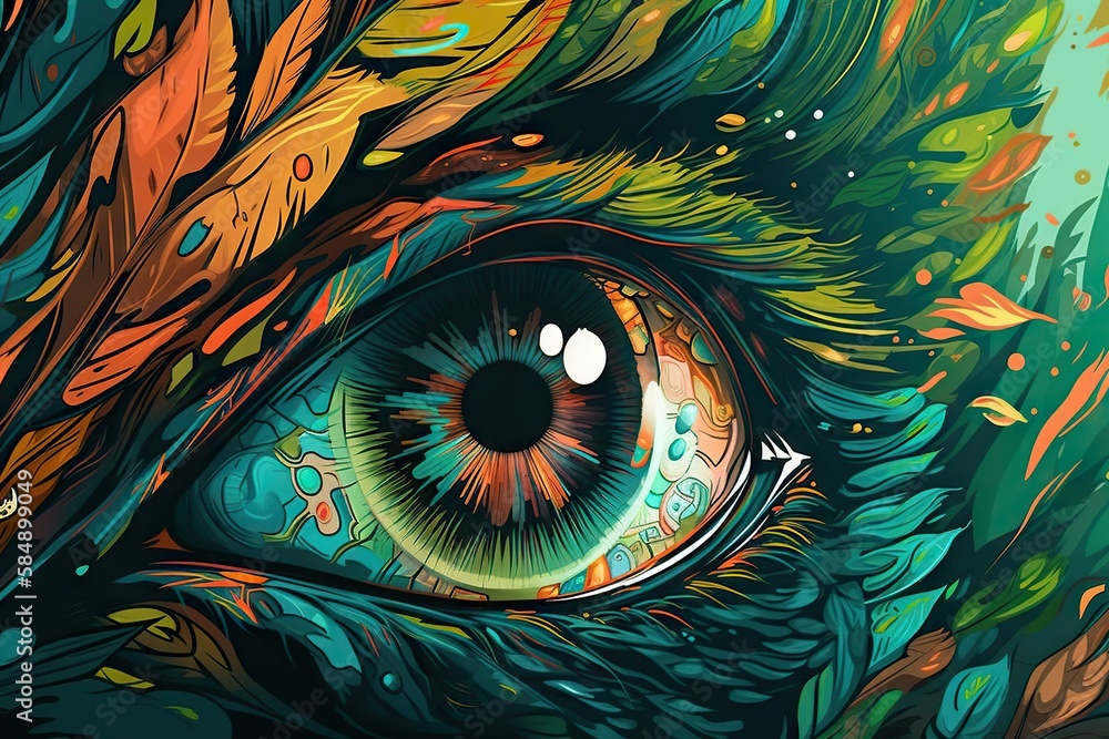 Poster a painting of a colorful eye with a green iris and orange feathers forest typography print design ge