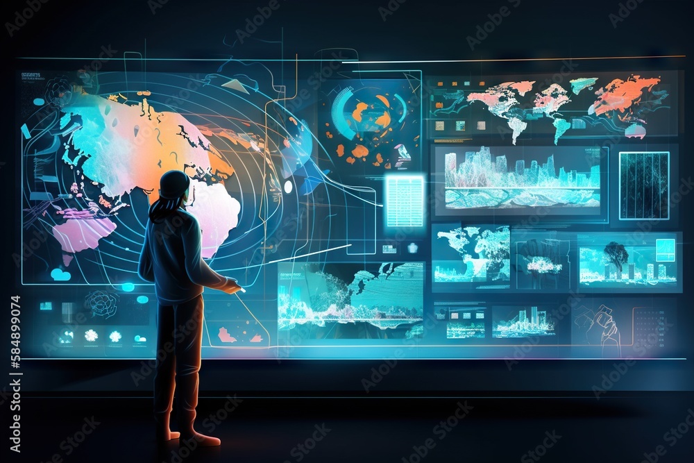Poster a man standing in front of a large display of data on a wall aquarium digital art data analytics gen