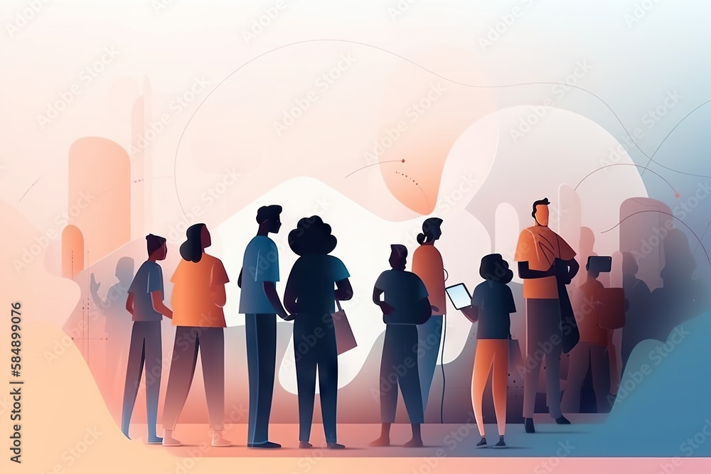 Poster a group of people standing in a line in front of a computer workshop animation influencer marketing 