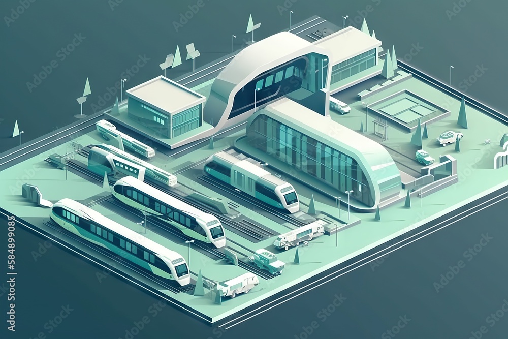Poster a train station with a train on the platform and a train on the platform train station animation mot
