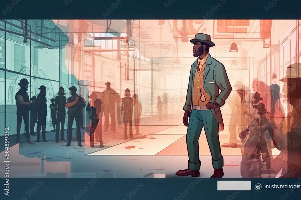 Poster a man standing in front of a group of people in a building city alleyway animation game design