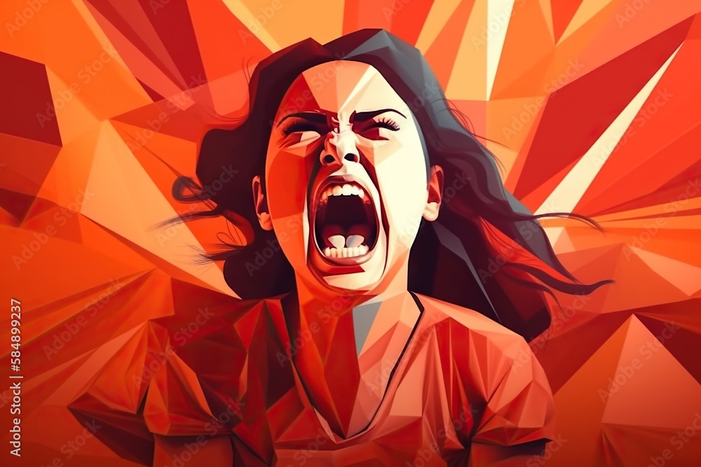 Aufkleber a woman with her mouth open and a red background with a red background volcano graphic design motion