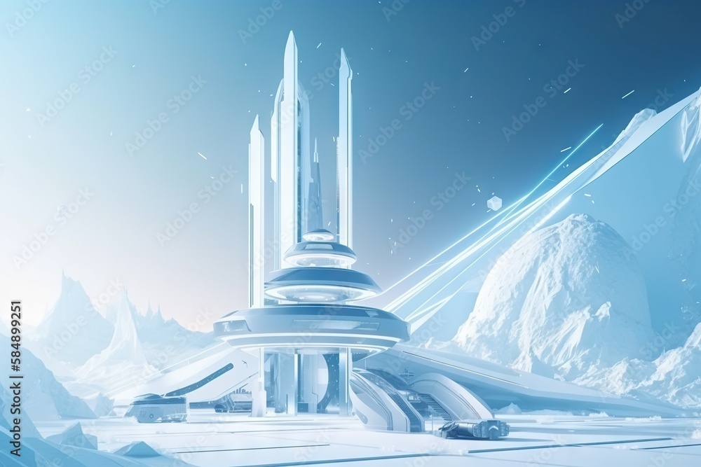 Poster a futuristic city with a futuristic architecture and mountains in the background tundra art deco env