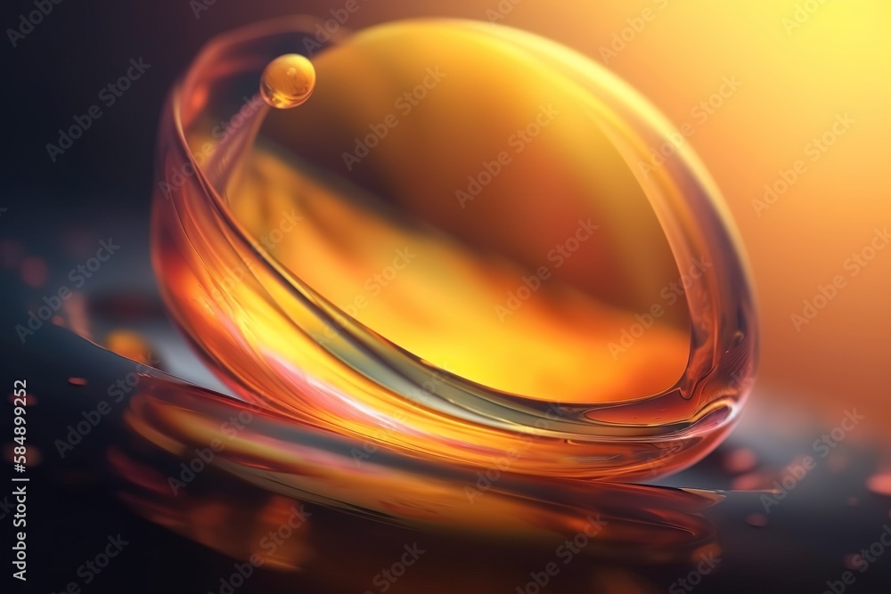 Poster a yellow liquid is floating on a black surface with a bright light behind it oasis macro photography