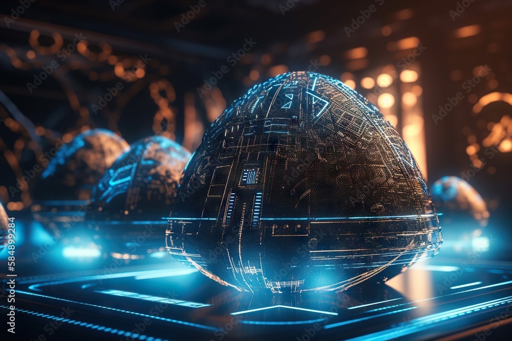 Poster a futuristic computer screen with a sphere and many smaller balls in the background factory animatio