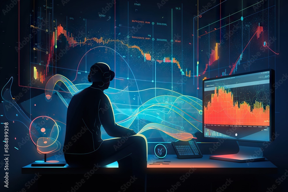 Poster a man sitting at a desk in front of a computer monitor deep sea trench animation data analytics gene
