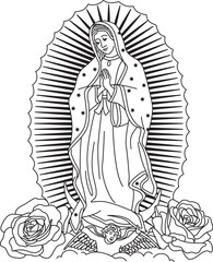 Virgen Mary Our Lady of Guadalupe , black white vector - obrazy, fototapety, plakaty