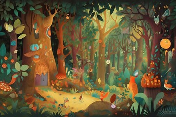 Magical forest with fantastical creatures, trees with twisting branches and lush foliage, animals. Generative AI