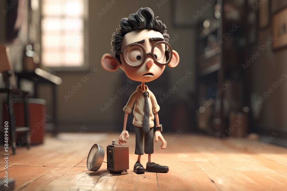 Poster a cartoon character with a suitcase and a hat on a wooden floor classroom animation animation filmma