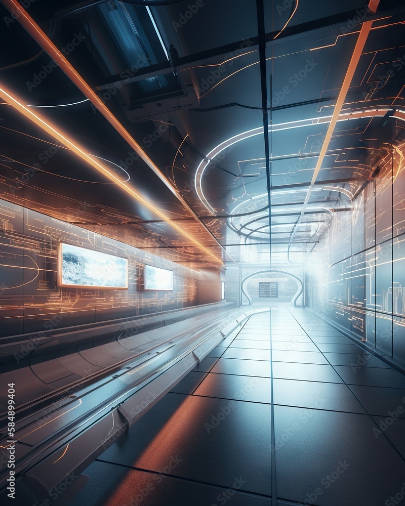 Poster a tunnel with lights and a bench in it that is empty factory animation manufacturing planning and co