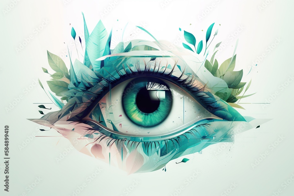 Poster a close up of an eye with leaves on it's iris zoo photorealism motion graphics generative ai