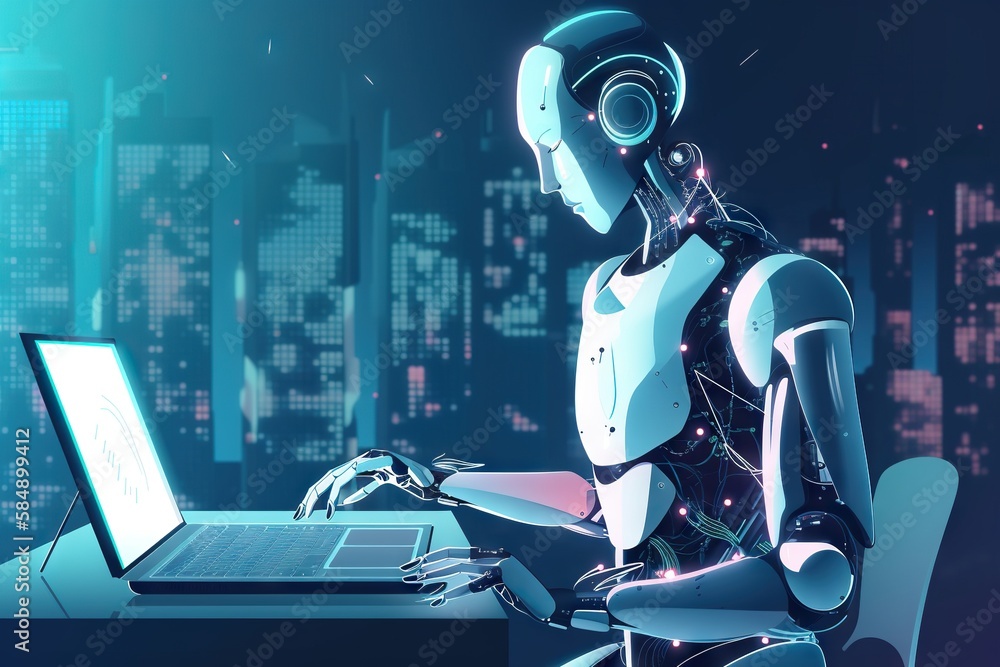 Poster A Robot Sitting At A Desk With A Laptop Computer In Front Of It Workshop Animation Robotics Engineering Generative AI 