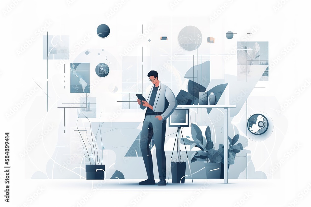 Poster a man in a suit is holding a tablet computer and looking at it workshop graphic design hr analytics 