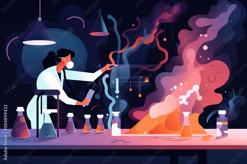 Poster a woman in a lab coat is working on a pipe with liquid workshop animation science writing generative