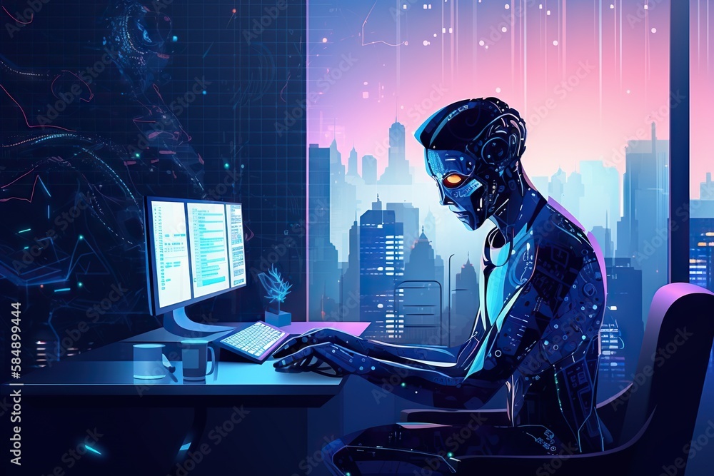 Poster a man in a cyber suit sitting at a desk with a computer workshop graphic design artificial intellige