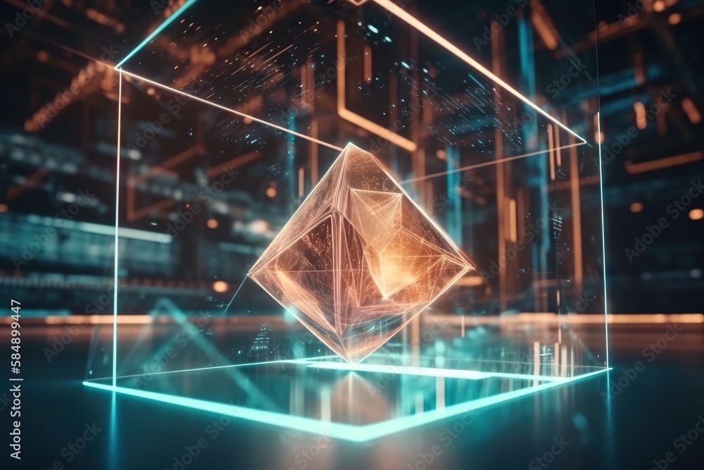 Poster a glass cube with a glowing cube inside it in a dark room deep sea trench animation motion graphics