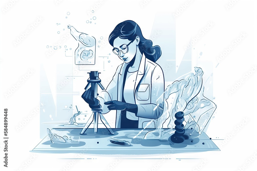 Poster a woman in a lab coat is looking at a microscope and a beakle workshop animation science writing gen