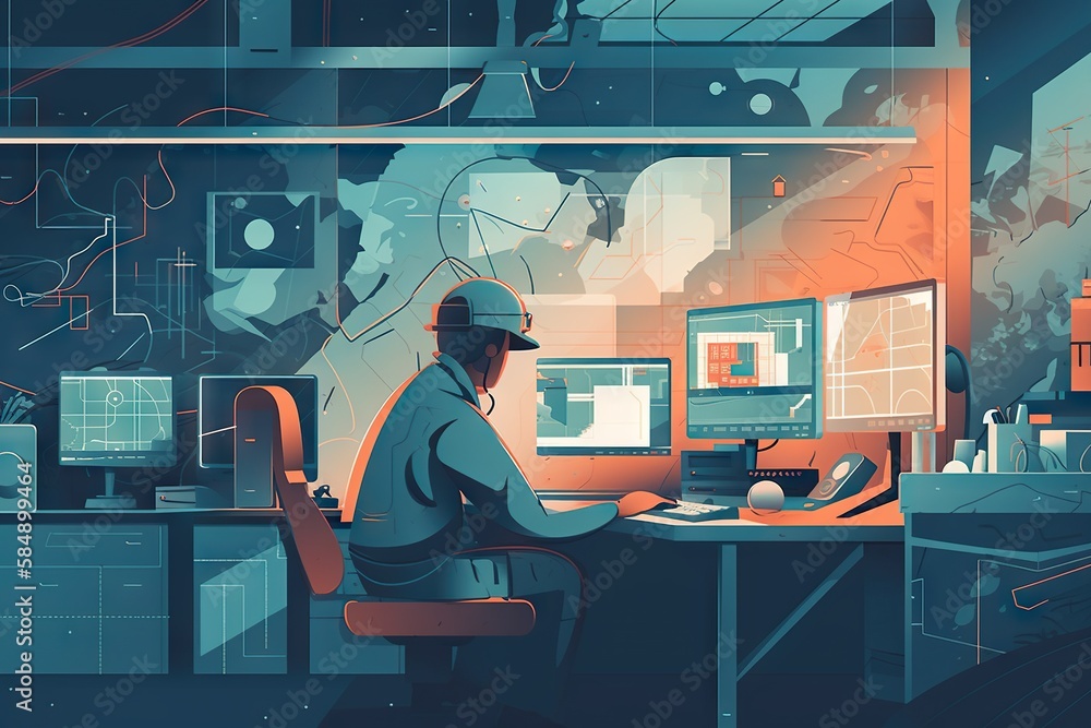 Poster a man sitting at a desk with a computer on it's side factory graphic design manufacturing planning a