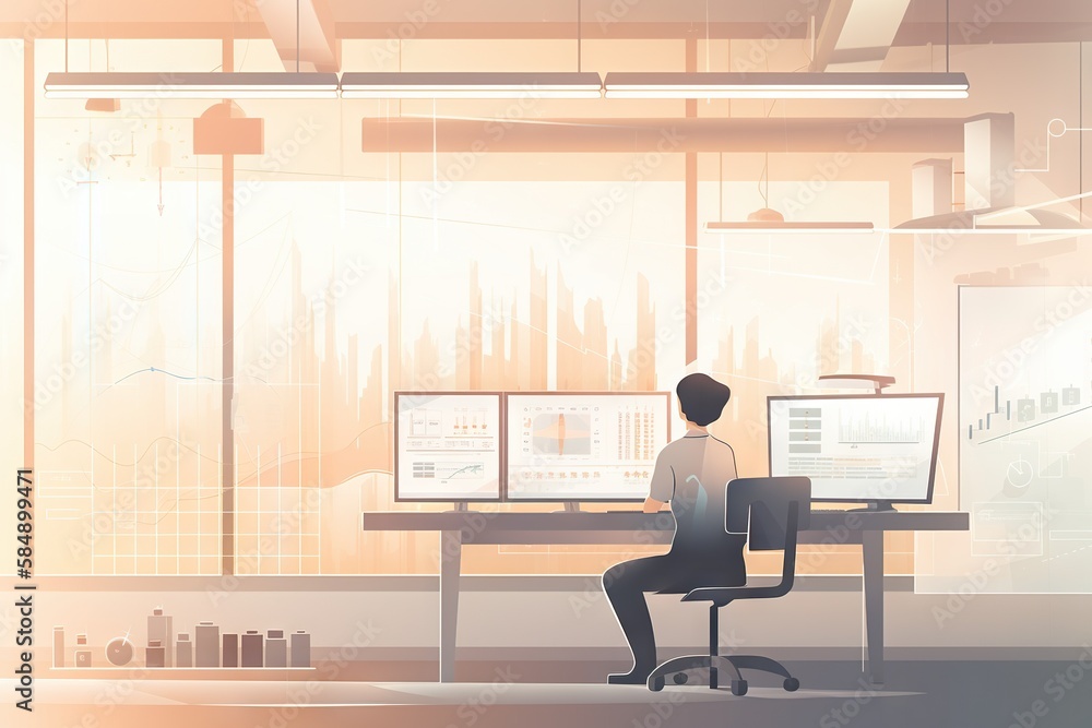 Poster a man sitting at a desk with two monitors and a keyboard factory animation manufacturing planning an