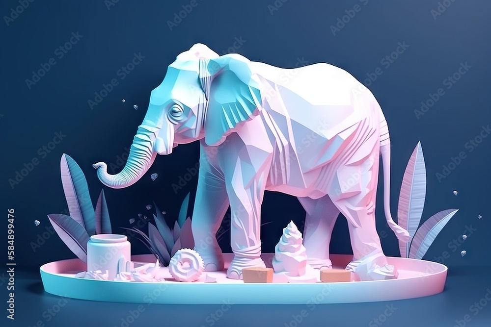 Aufkleber a paper cut elephant standing on a platform with plants and rocks zoo animation 3d modeling generati