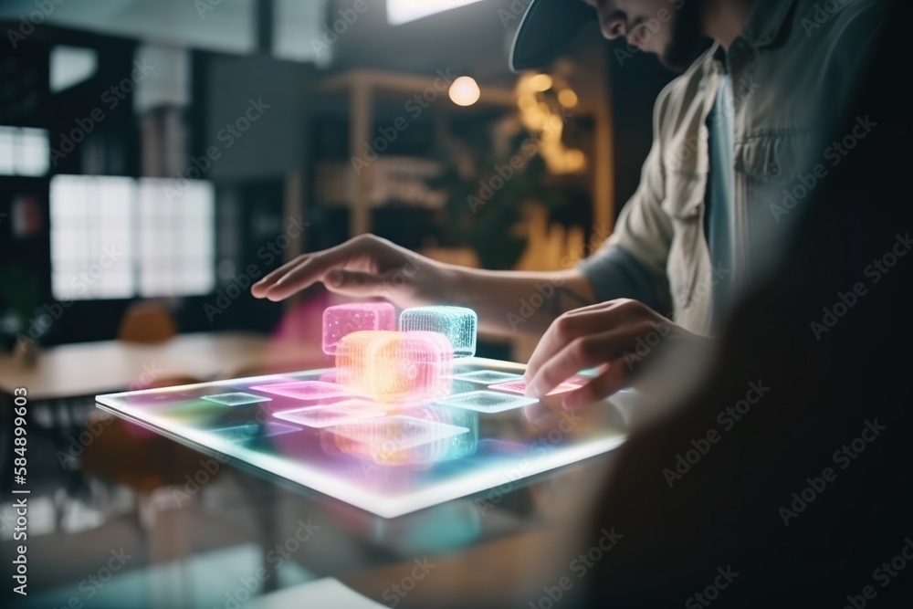 Poster a man is using a tablet with a glowing cube on it workshop graphic design motion graphics