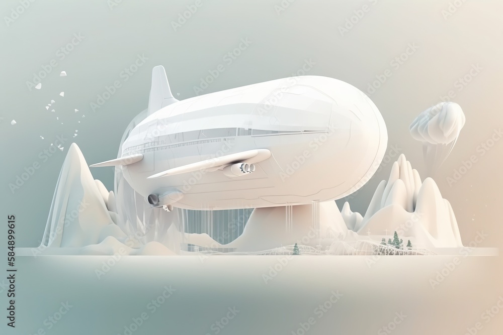 Poster a futuristic white boat floating in the air over a mountain range tundra animation motion graphics g