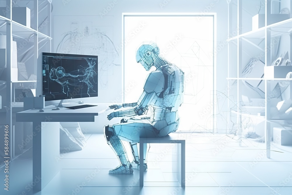 Poster a futuristic man sitting in front of a computer screen in a room workshop video art robotics enginee