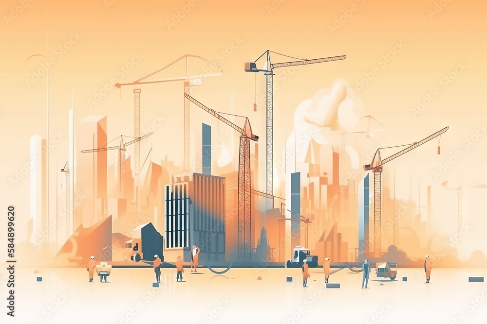 Poster a city with cranes and buildings in the background with a sky background modern urban skyline constr