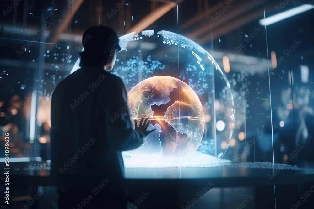 Poster a man looking at a glass ball with a picture of a man in it workshop animation augmented reality gen