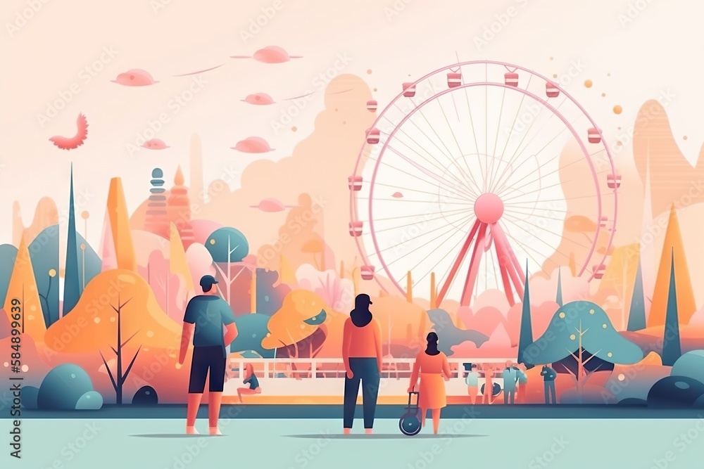 Poster people standing in front of a ferris wheel in a park with trees and buildings amusement park animati