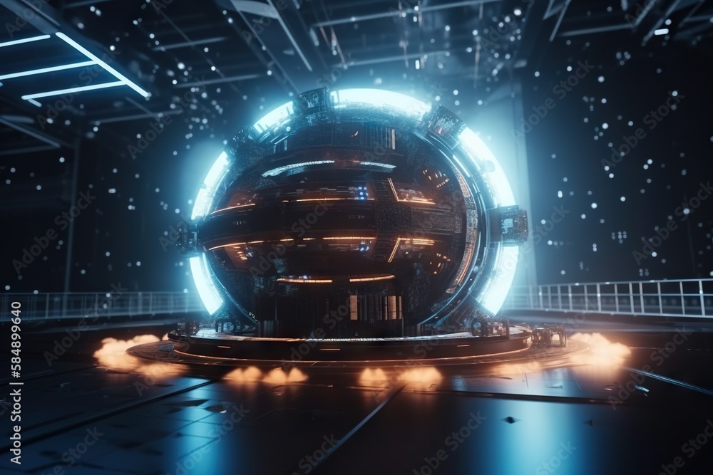 Poster a futuristic space station with a glowing sphere in the center of the room factory animation motion 