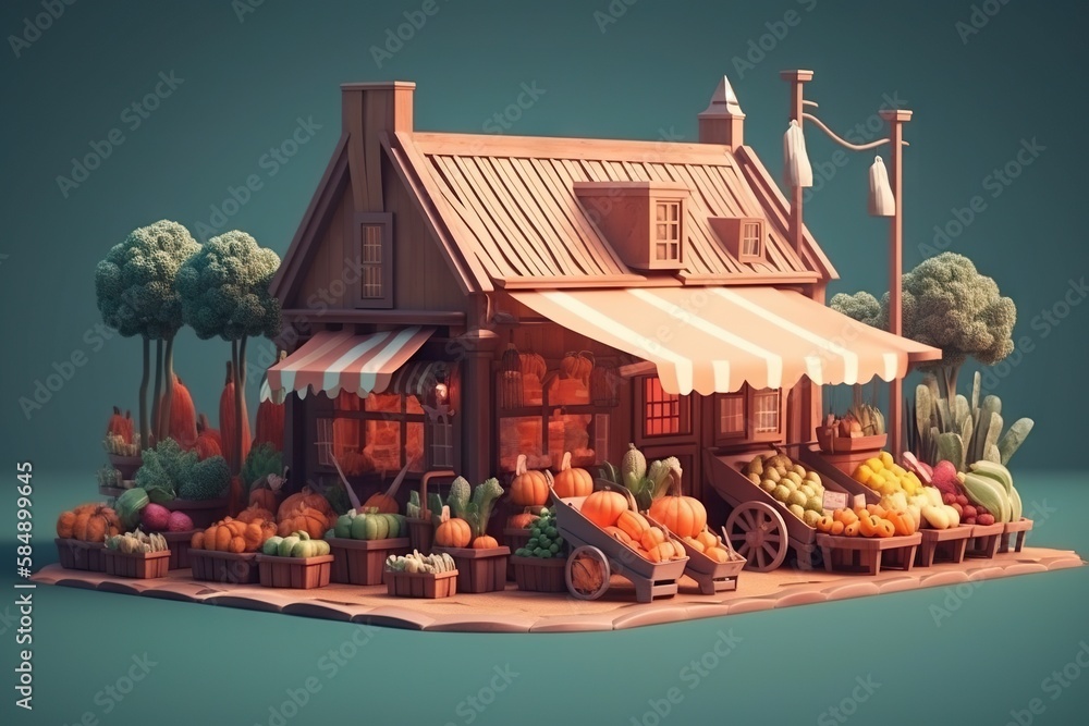 Poster a small house with a lot of vegetables on the front of it farm stand wood carving 3d modeling genera