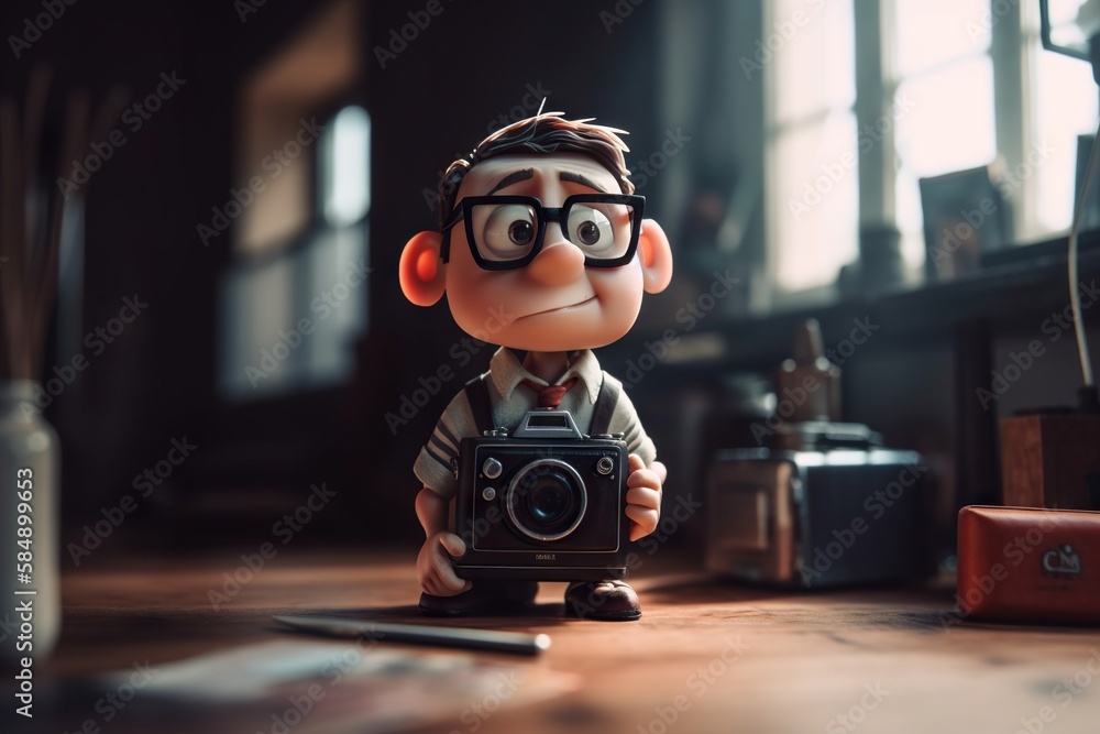 Poster a small toy with a camera on a table next to a window zoo animation animation filmmaking generative 
